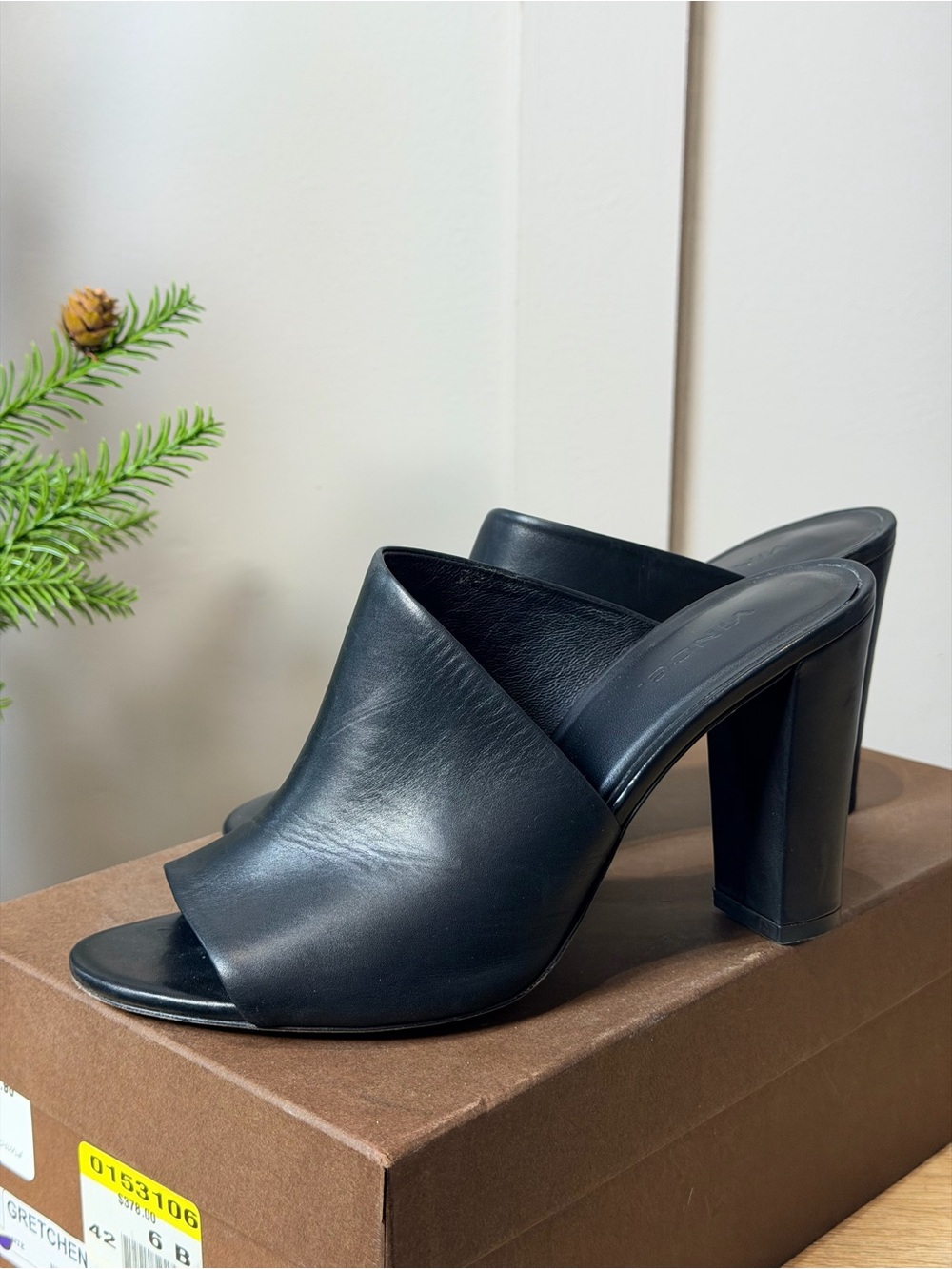 Vince Black & Tan Leather Mule Heels | Ultra-High Block Heel 7.5